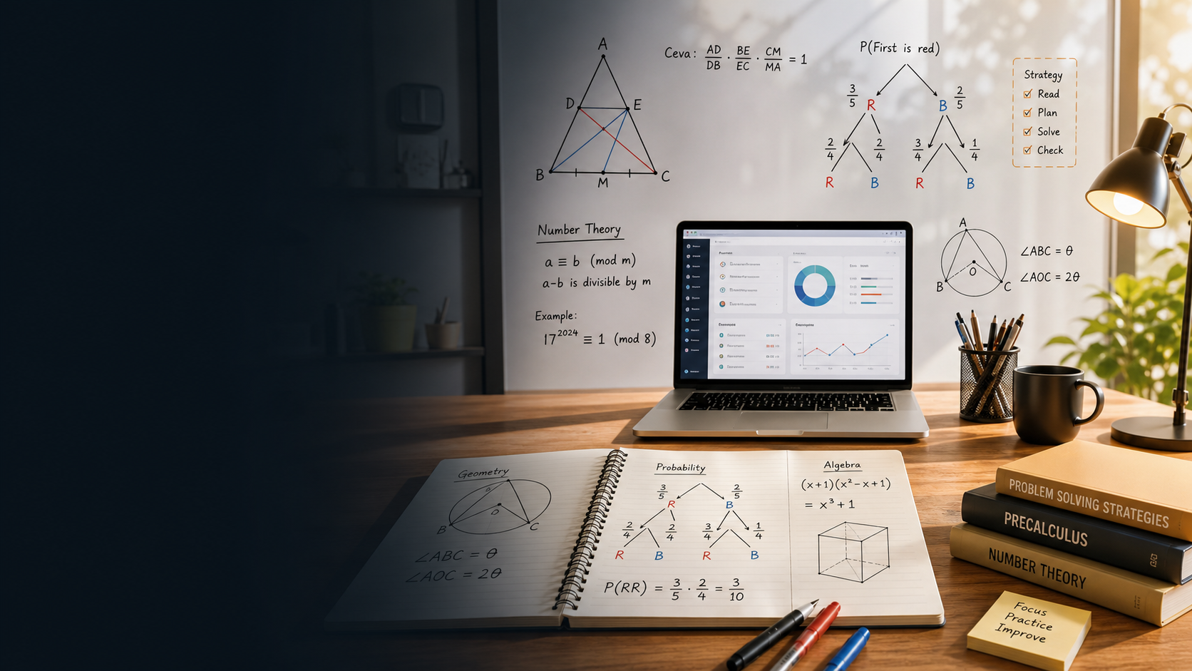 Competition math study desk with notes and diagrams